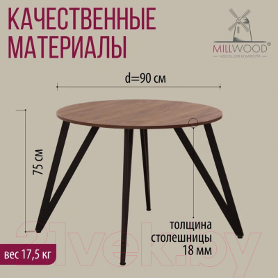 Обеденный стол Millwood Женева 2 Л18 D90 (дуб табачный Craft/металл черный)