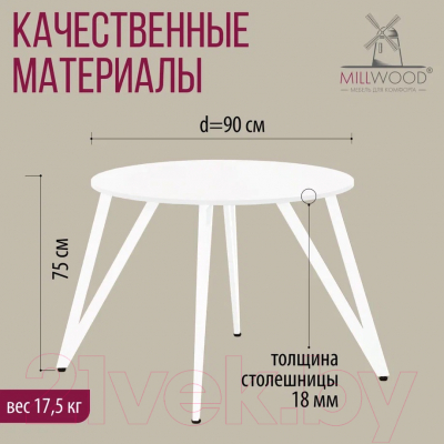 Обеденный стол Millwood Женева 2 Л18 D90 (белый/металл белый)