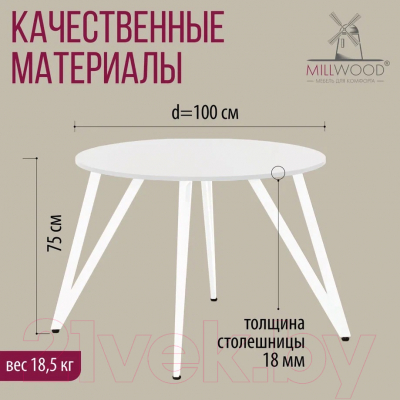 Обеденный стол Millwood Женева 2 Л18 D100 (белый/металл белый)