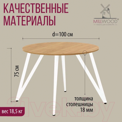 Обеденный стол Millwood Женева 2 Л18 D100 (дуб золотой Craft/металл белый)