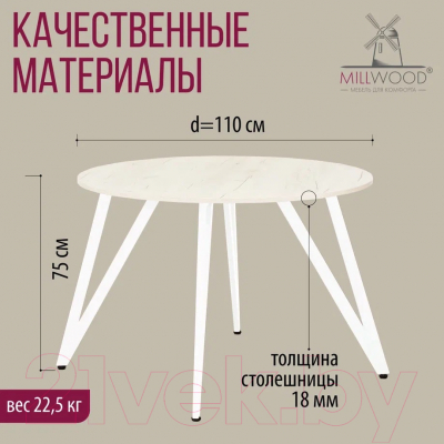 Обеденный стол Millwood Женева 2 Л18 D110 (дуб белый Craft/металл белый)