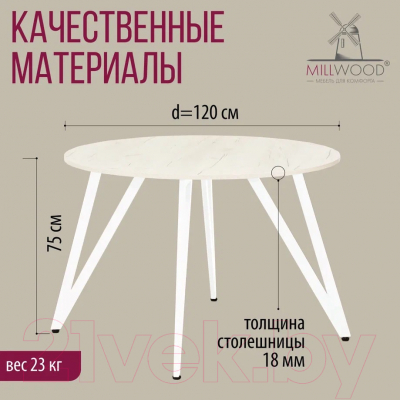 Обеденный стол Millwood Женева 2 Л18 D120 (дуб белый Craft/металл белый)