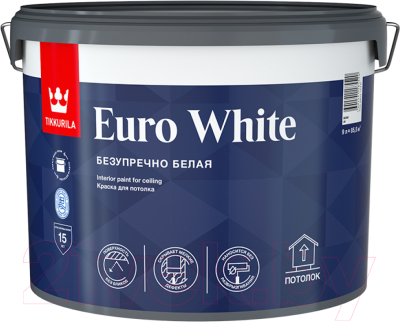 Изображение товара Краска Tikkurila Euro White Для потолка (9л, белый глубокоматовый)