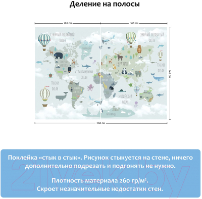 Фотообои листовые Citydecor Карта мира на русском 10 (200x140)