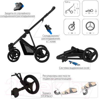 Изображение товара Детская универсальная коляска Bebetto Flavio Pro 2 в 1 черная рама (06)
