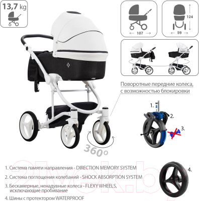 Детская универсальная коляска Bebetto Torino 2 в 1 белая рама (01)
