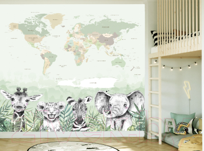 Фотообои листовые Vimala Карта мира зверята (270x300)