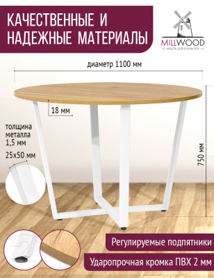 Обеденный стол Millwood Лофт Орлеан Л18 D110 (дуб золотой Craft/металл белый)