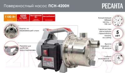 Поверхностный насос Ресанта ПСН-4200Н (77/4/1)