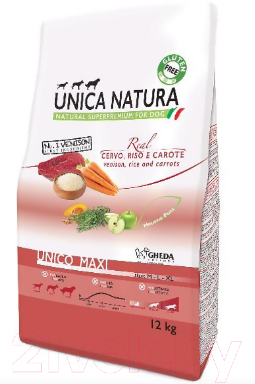 Сухой корм для собак Unica Natura Maxi олень, рис, морковь
