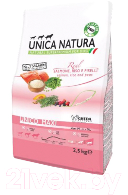 Сухой корм для собак Unica Natura Maxi лосось, рис, горох (2.5кг)