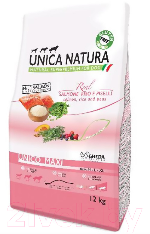 Сухой корм для собак Unica Natura Maxi лосось, рис, горох