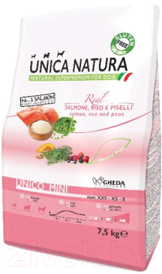 Сухой корм для собак Unica Natura Mini лосось, рис, горох (7.5кг)