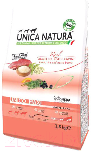 Сухой корм для собак Unica Natura Maxi ягненок, рис, бобы