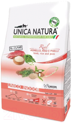 Сухой корм для кошек Unica Natura Indoor ягненок, рис, горох (1.5кг)
