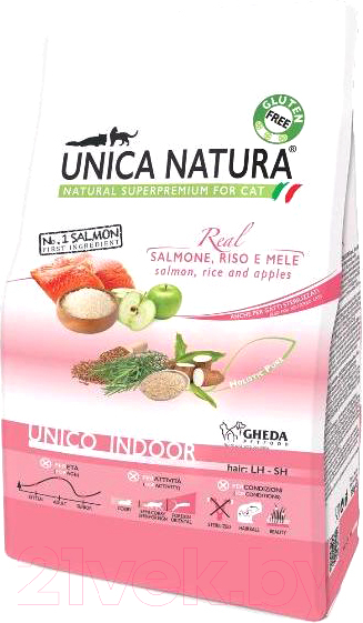 Сухой корм для кошек Unica Natura Indoor лосось, рис, яблоко