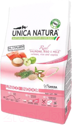 Сухой корм для кошек Unica Natura Indoor лосось, рис, яблоко (350г)