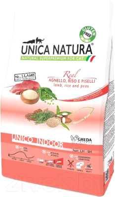 Сухой корм для кошек Unica Natura Indoor ягненок, рис, горох (350г)