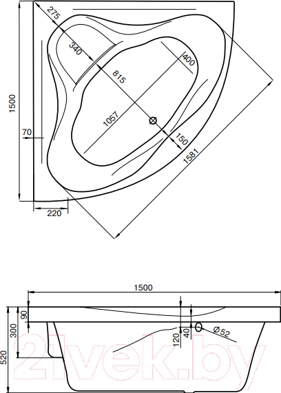 Ванна акриловая Santek Сан-Паулу 150x150 (1WH302399)