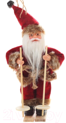 Фигура под елку Зимнее волшебство Дед Мороз на лыжах в бордовом костюме / 3555383
