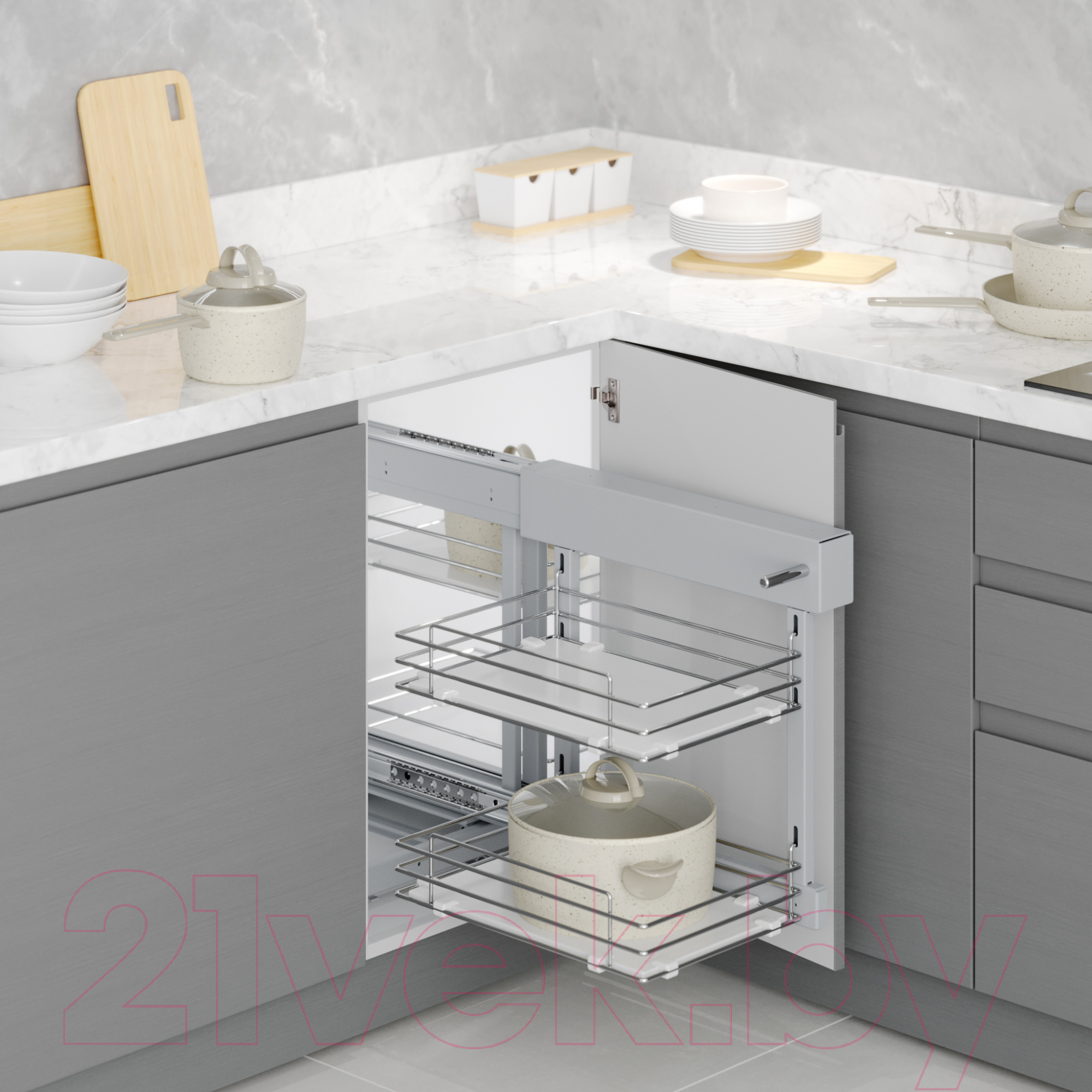 Корзина выкатная Starax Волшебный уголок выдвижной / S-3067-C (левое выдвижение, хром) — фото 3