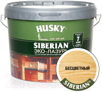Лазурь для древесины Husky Siberian Эко-Лазурь Полуматовая (9л, бесцветный)