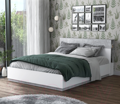 Двуспальная кровать Интерлиния Quartz QZ-К160 с ПМ (белый платинум/бетон)