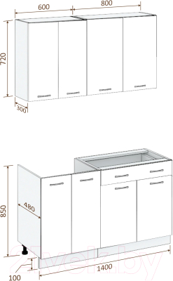 Кухонный гарнитур Кортекс-мебель Корнелия Лира-лайт 1.4м без столешницы (белый/береза)