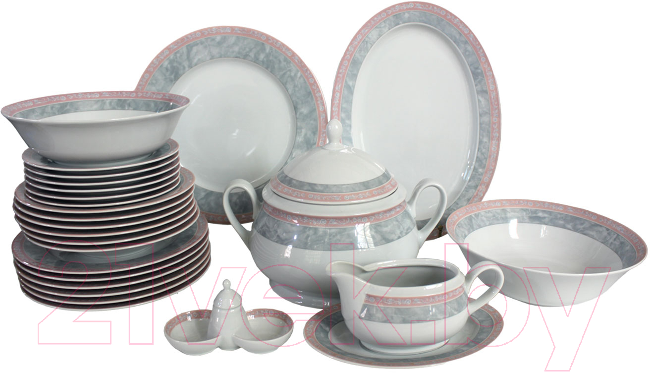 Набор столовой посуды Thun 1794 Яна Серый мрамор с розовым кантом / ЯНА0012