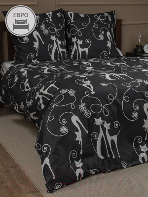 Комплект постельного белья Amore Mio Мако-сатин Cats Микрофибра Евро / 93074 (черный/белый)