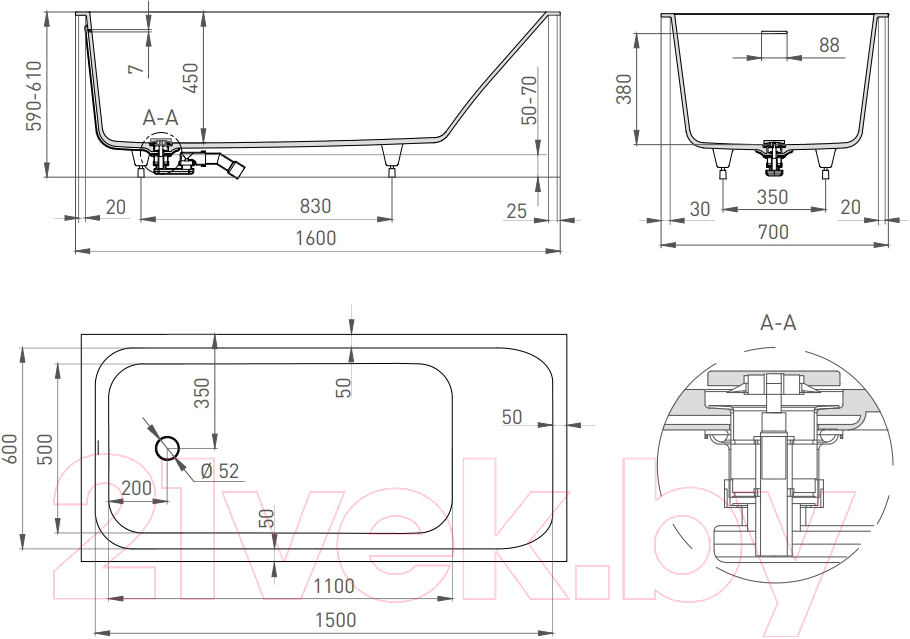 Ванна из искусственного мрамора Salini Orlando Kit 160x70 / 102115G