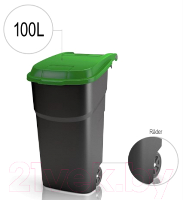 Контейнер для мусора Rotho Atlas / 4510105053 (100л, черный/зеленый)