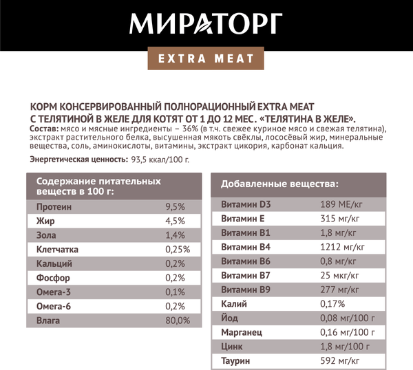 Влажный корм для кошек Мираторг Extra Meat для котят телятина в желе / 1010022502 (80г)