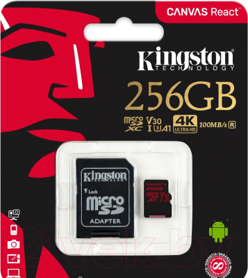 Карта памяти Kingston Canvas React microSDXC (Class 10) UHS-I U3 256Gb (SDCR/256GB)