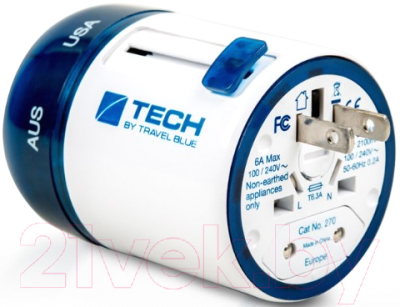 Адаптер питания сетевой Travel Blue USB Sliding Adaptor / 270_BLU  (белый/синий)