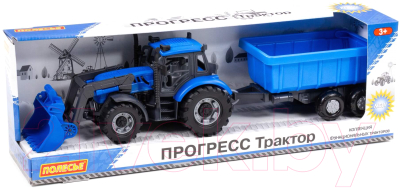 Трактор игрушечный Полесье Прогресс с прицепом и ковшом / 91833 (инерционный, синий)