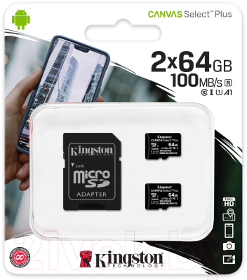 Карта памяти Kingston Canvas Select Plus microSDXC 64GB + адаптер (SDCS2/64GB-2P1A)