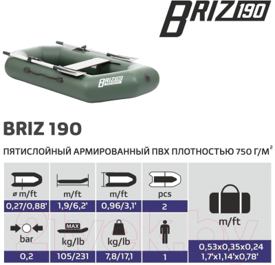 Надувная лодка Тонар Бриз 190 с веслами / 6852863 (зеленый)