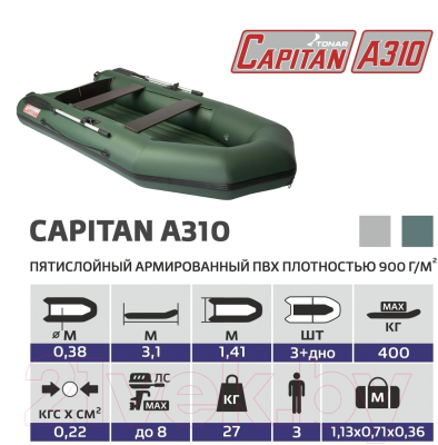 Надувная лодка Тонар Капитан A310 / 4897016 (зеленый)