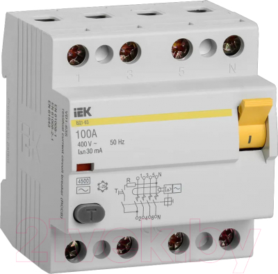 Дифференциальный автомат IEK ВД1-63 100А 30мА тип AC 4п / MDV10-4-100-030