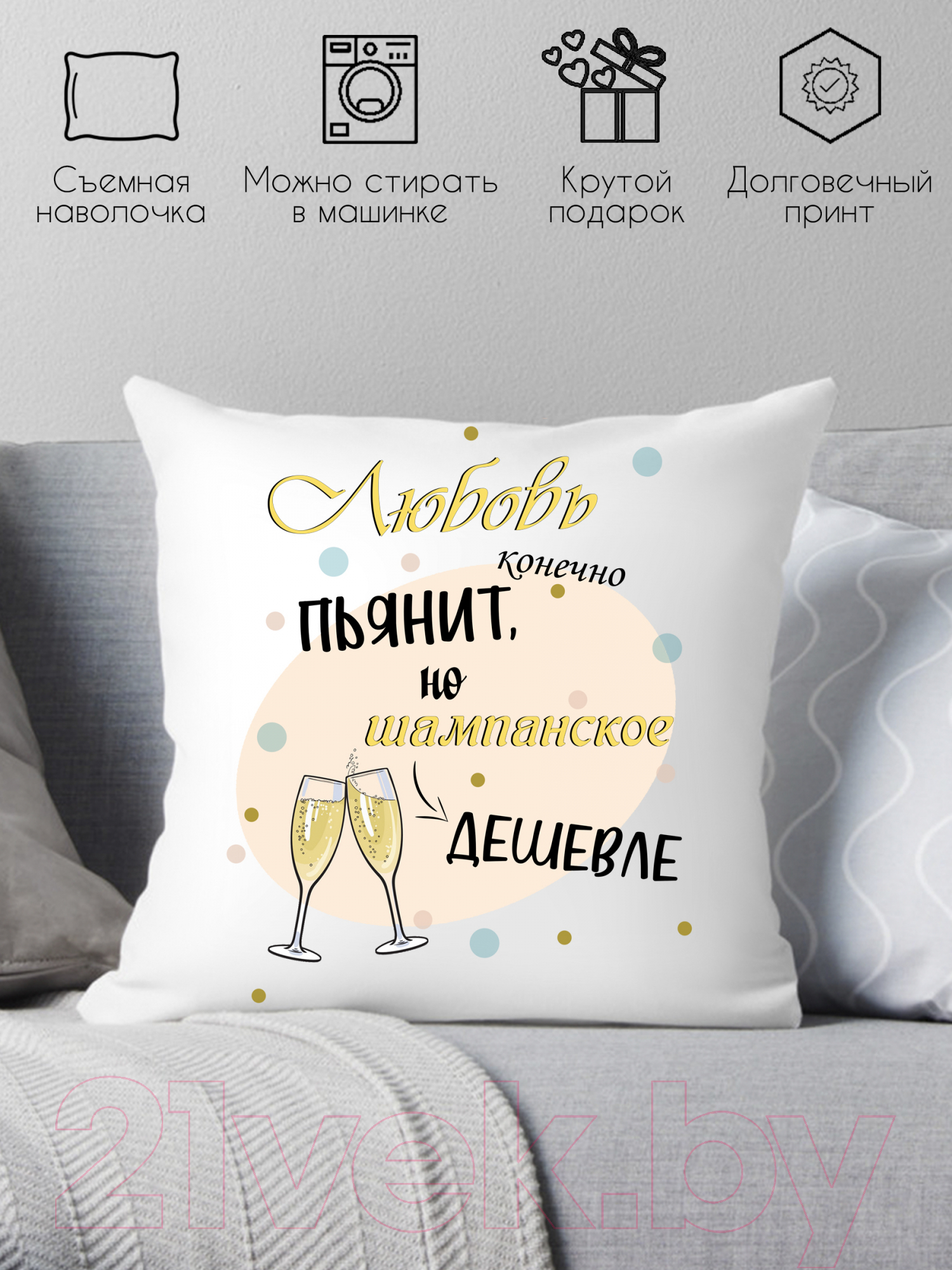Подушка декоративная Print Style Любовь конечно же пьянит, но шампанское дешевле / 40x40new65 — фото 2