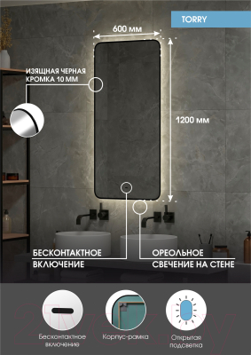 Изображение товара Зеркало Континент Torry Led 60x120 (с фоновой подсветкой, бесконтактным сенсором, черной окантовкой)