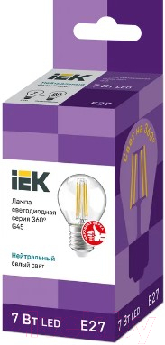 Лампа IEK C45 7Вт 4000К E27 230В / LLF-G45-7-230-40-E27-CL (нейтральный белый)