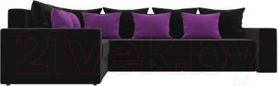 Диван угловой Mebelico Мэдисон Long 92 левый / 59179 (микровельвет черный, подушки черный/фиолетовый)
