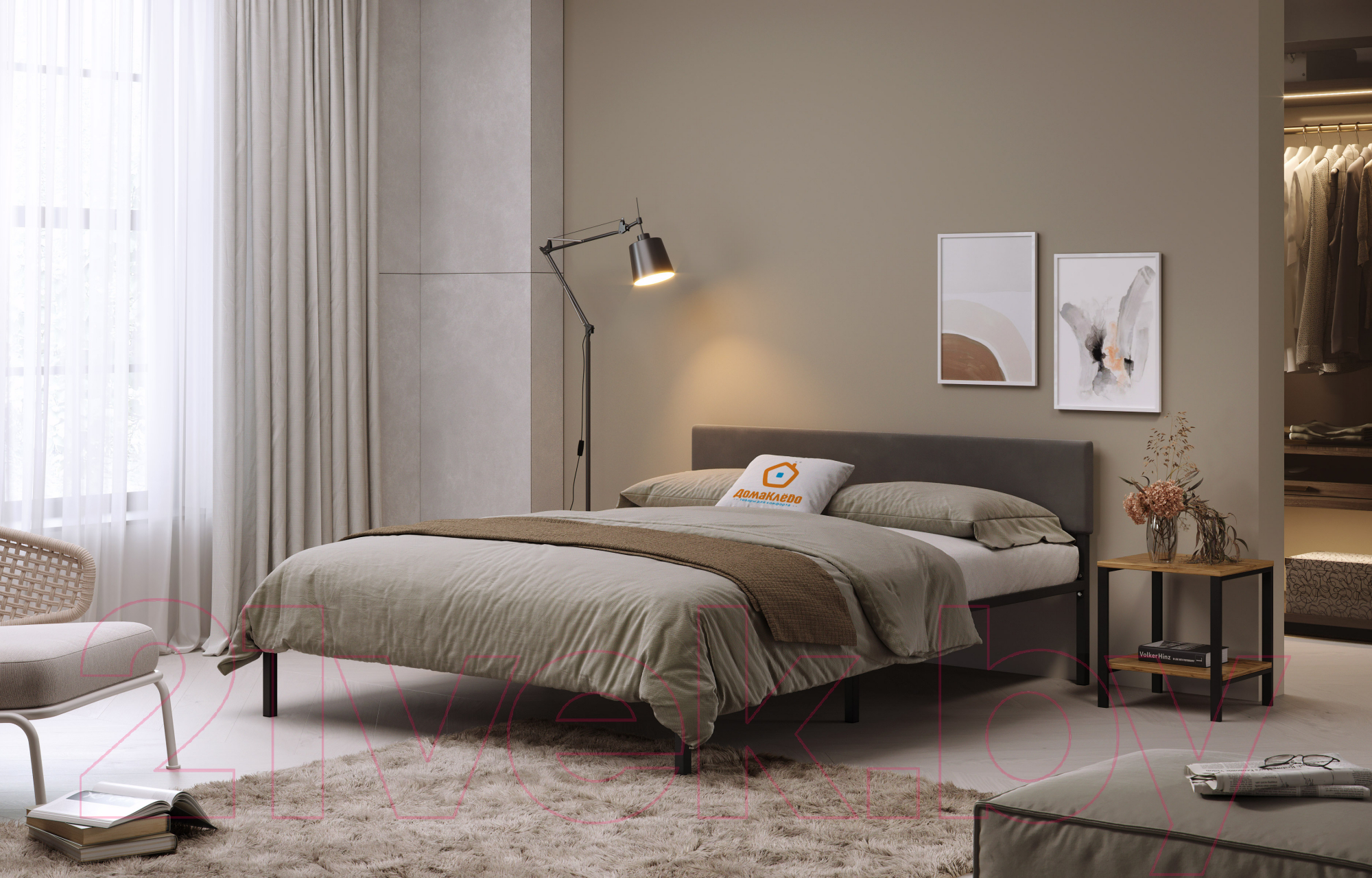Двуспальная кровать Домаклево Лофт с мягкой спинкой 160x200