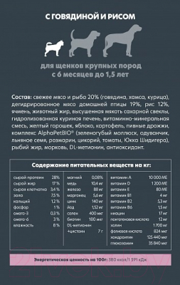 Изображение товара Сухой корм для собак AlphaPet Superpremium Junior крупных пород с говядиной и рисом / 121307 (12кг)