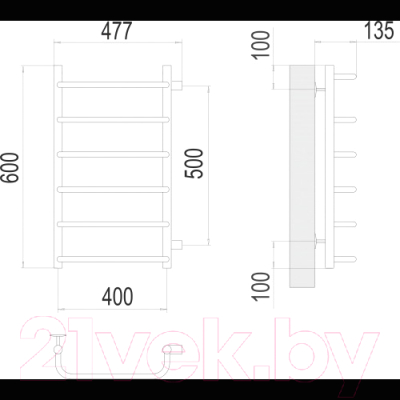 Изображение товара Полотенцесушитель водяной Terminus Стандарт П6 400x600 (боковое подключение 500, RAL 9005)
