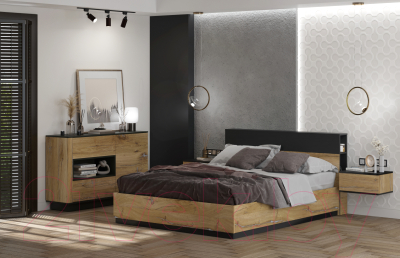 Комплект мебели для спальни Интерлиния Quartz-15 (дуб нокс/черный)