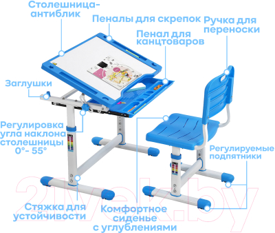 Парта+стул Kinderzen Arlekino с ящиком (голубой)
