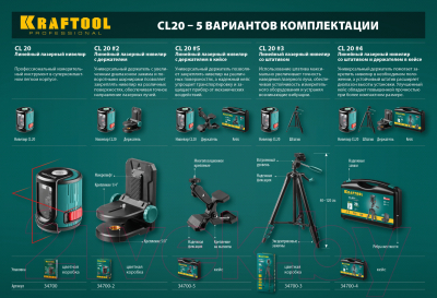 Лазерный нивелир Kraftool CL-20-5 / 34700-5 (с держателем, в кейсе)